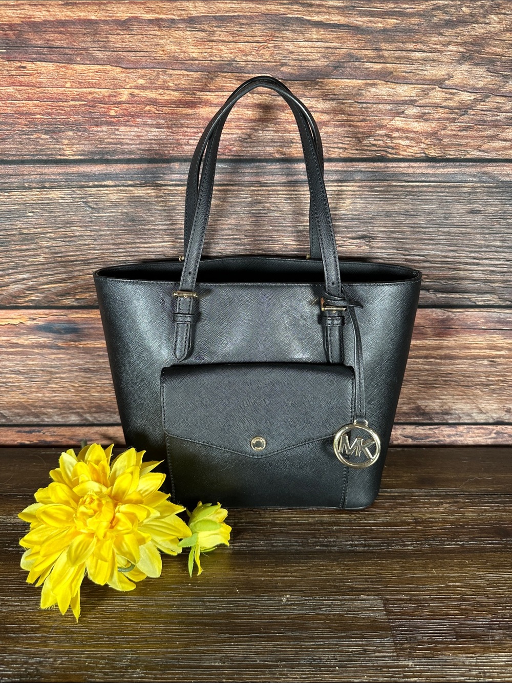 Michael Kors Black Saffiano Leather Tote with MK Charm